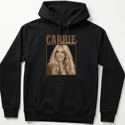 Vintage sepia T-shirt featuring Carrie Underwood's likeness in warm tones — printed on a unisex hoodie