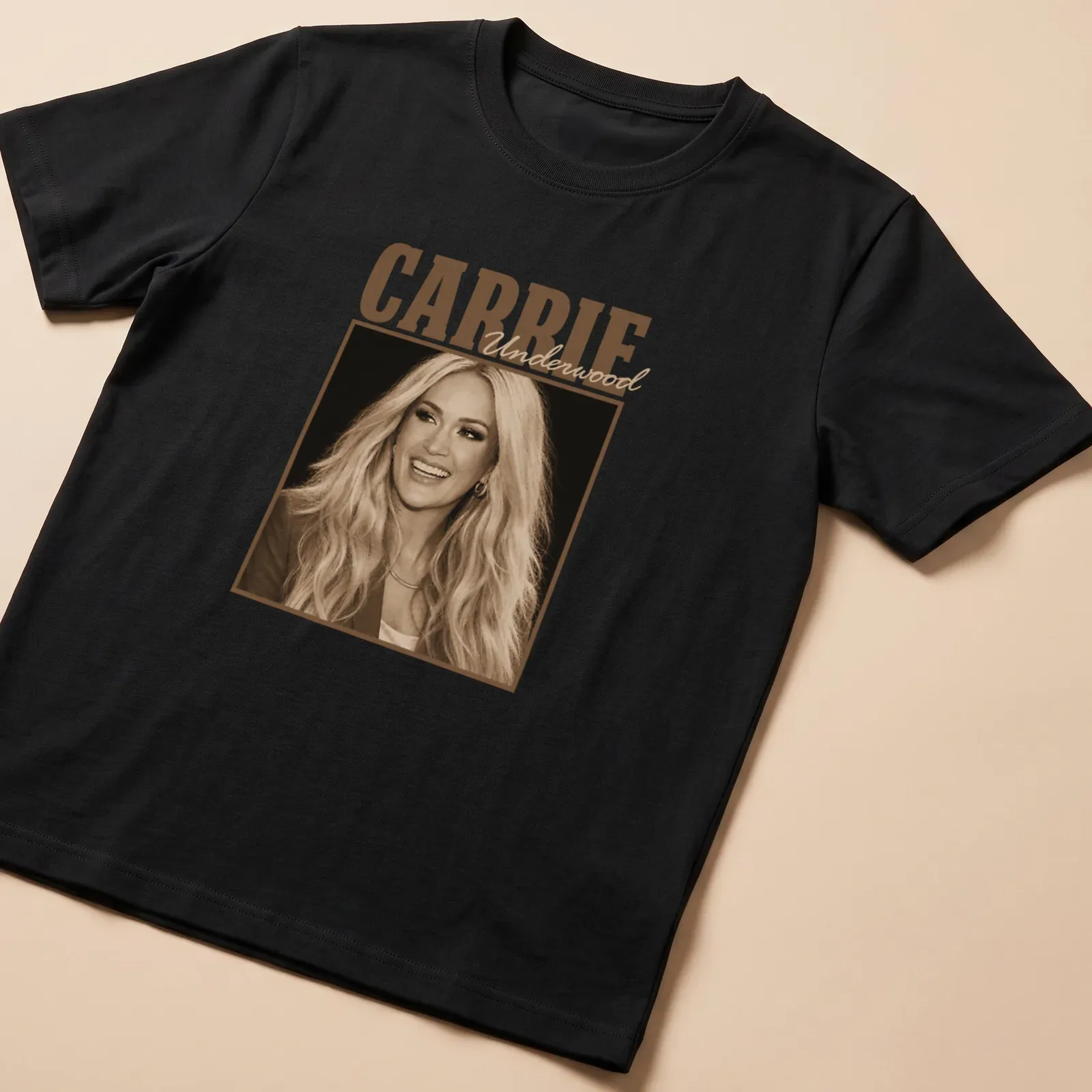 Vintage sepia T-shirt featuring Carrie Underwood's likeness in warm tones — printed on a unisex t-shirt