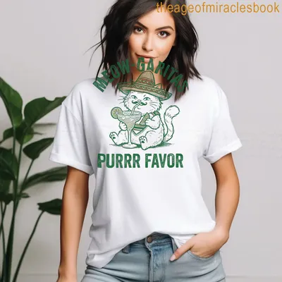 Vintage cartoon cat enjoying a drink with text 'MEOW-GARITAS PURRR FAVOR' — printed on a women's t-shirt