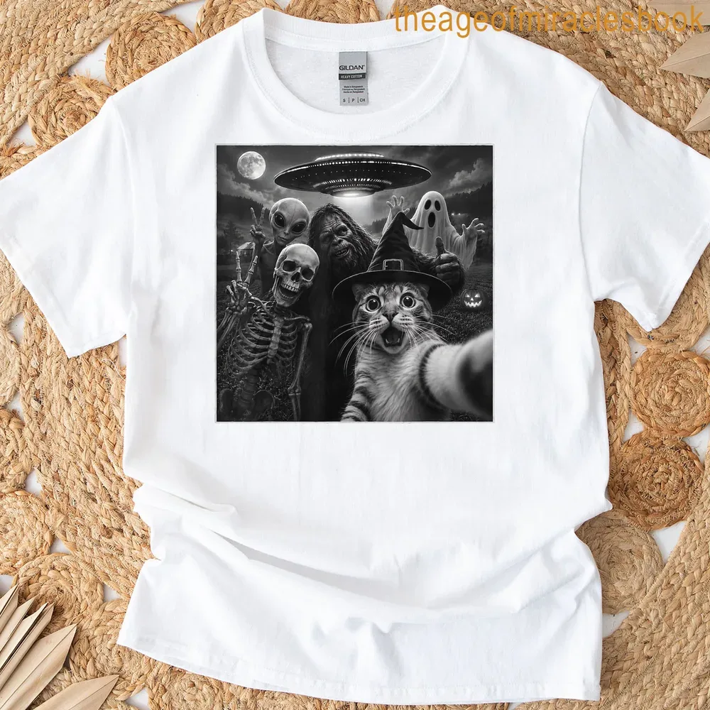 Humorous cat selfie with Bigfoot, skeleton, alien, and ghost graphic.