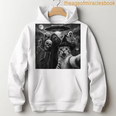 Humorous cat selfie with Bigfoot, skeleton, alien, and ghost graphic. — printed on a unisex hoodie