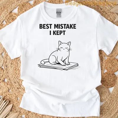 Line-art cat sitting on paperwork with text saying Best Mistake I Kept
