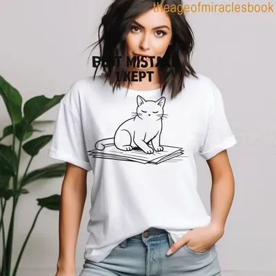 Line-art cat sitting on paperwork with text saying Best Mistake I Kept — printed on a women's t-shirt