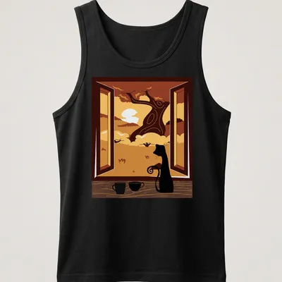 Black cat watching an autumn sunset through a window beside coffee — printed on a tank top