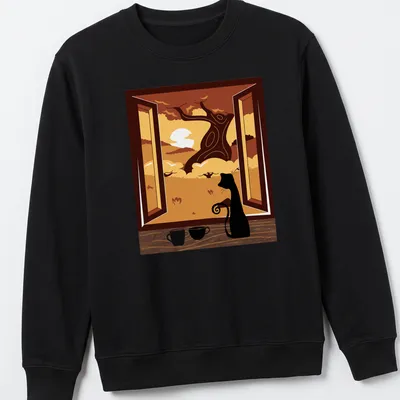 Black cat watching an autumn sunset through a window beside coffee — printed on a unisex sweatshirt