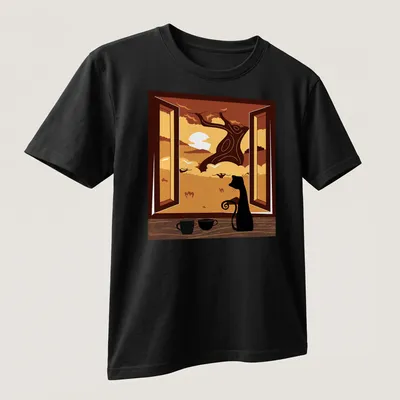 Black cat watching an autumn sunset through a window beside coffee — printed on a unisex t-shirt (angled view)