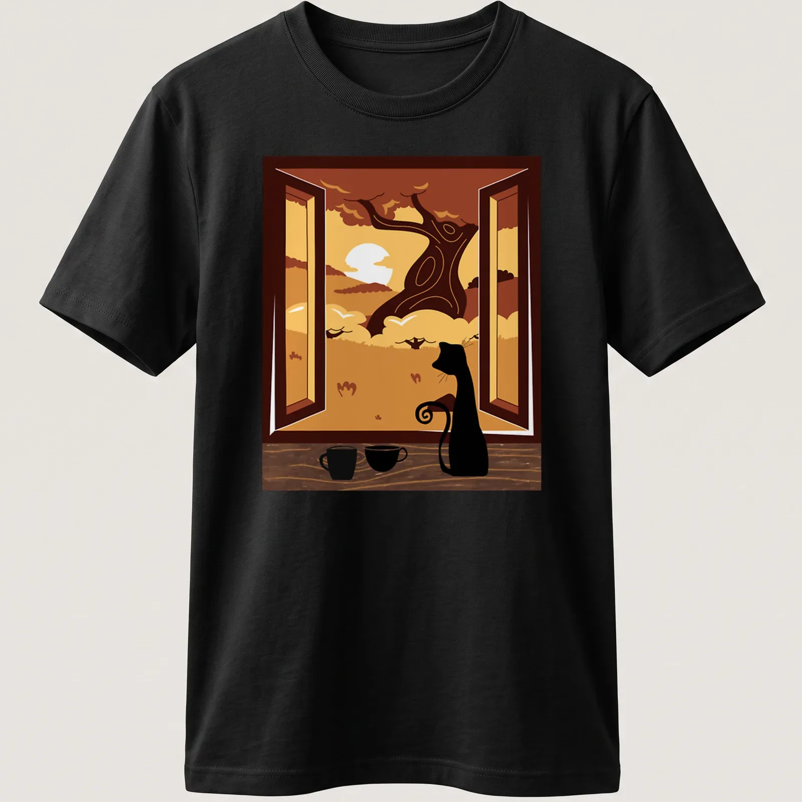 Black cat watching an autumn sunset through a window beside coffee — printed on a unisex t-shirt