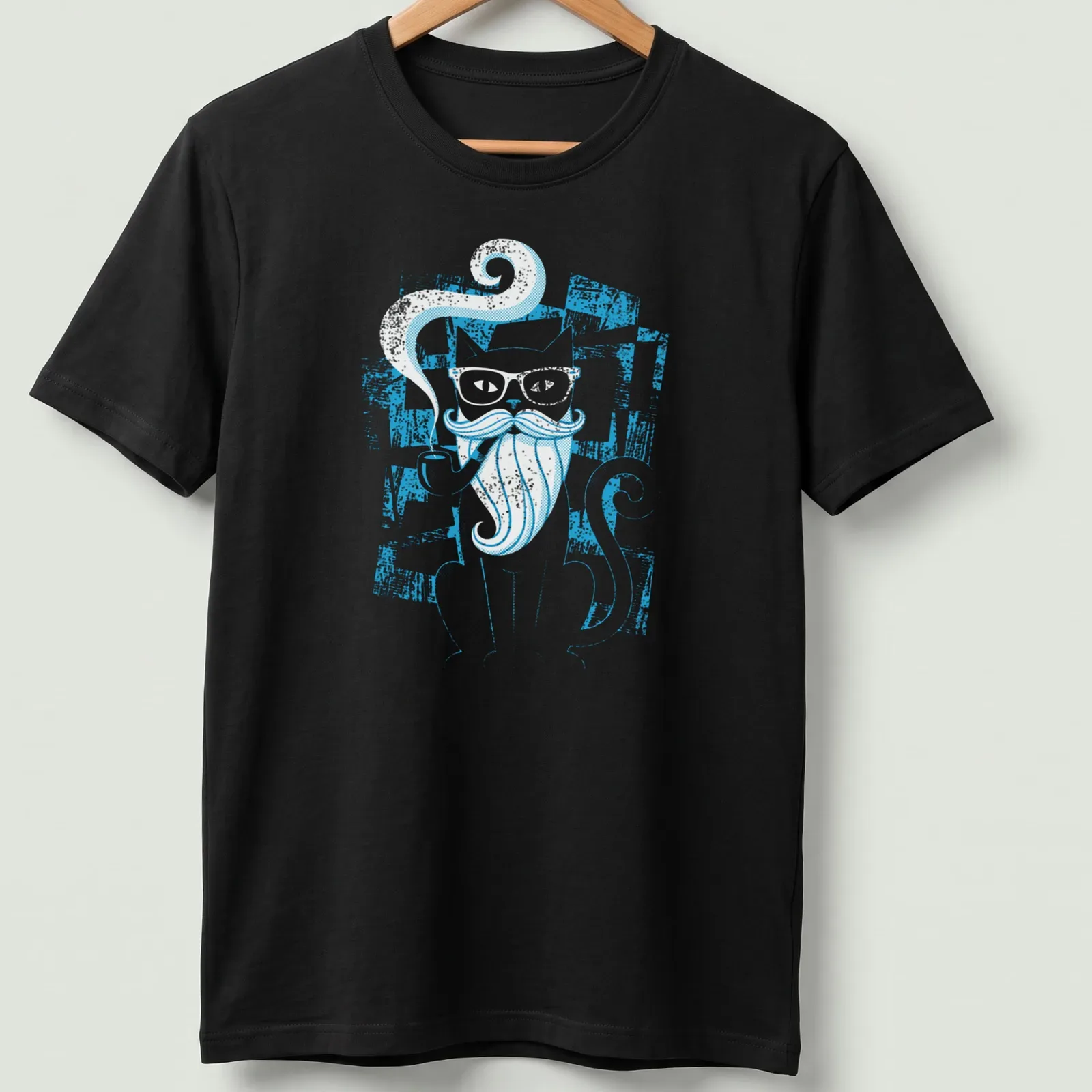 Vintage distressed tee featuring a cat with a pipe and mustache saying 'Smoke & Whiskers' — printed on a unisex t-shirt