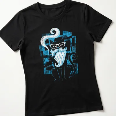 Vintage distressed tee featuring a cat with a pipe and mustache saying 'Smoke & Whiskers' — printed on a women's shirt
