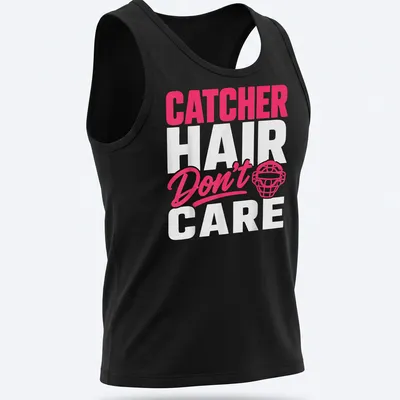 Catcher Don't Care Hair t-shirt with bold typography in pink and white — printed on a tank top