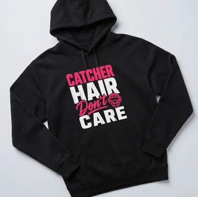 Catcher Don't Care Hair t-shirt with bold typography in pink and white — printed on a unisex hoodie