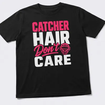 Catcher Don't Care Hair t-shirt with bold typography in pink and white