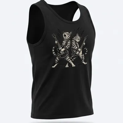 Two illustrated cats playing guitars in vintage rock style on a T-shirt. — printed on a tank top