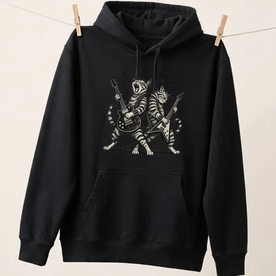 Two illustrated cats playing guitars in vintage rock style on a T-shirt. — printed on a unisex hoodie