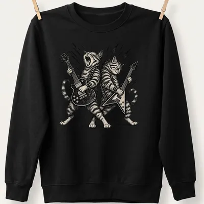 Two illustrated cats playing guitars in vintage rock style on a T-shirt. — printed on a unisex sweatshirt