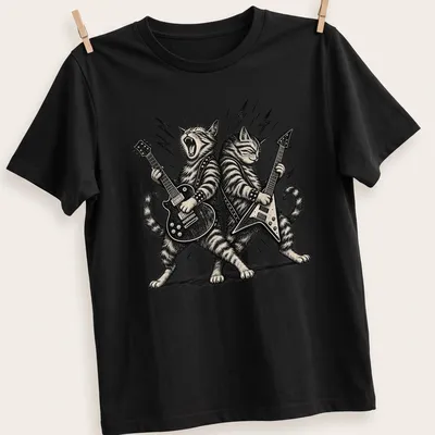 Two illustrated cats playing guitars in vintage rock style on a T-shirt.