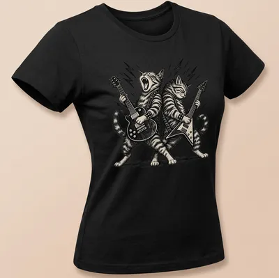 Two illustrated cats playing guitars in vintage rock style on a T-shirt. — printed on a women's shirt