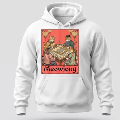 Vintage illustration of cats playing mahjong with the text Meowjong. — printed on a unisex hoodie