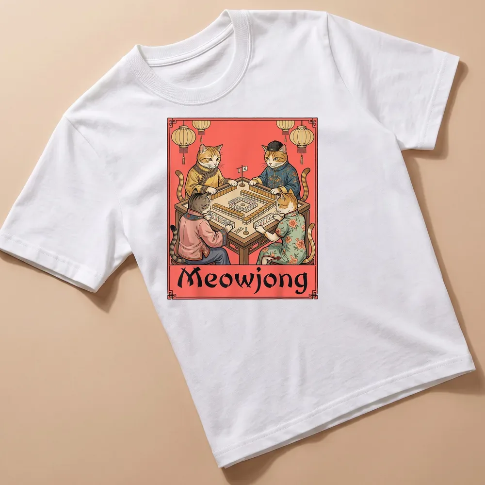 Vintage illustration of cats playing mahjong with the text Meowjong.