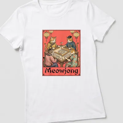 Vintage illustration of cats playing mahjong with the text Meowjong. — printed on a women's t-shirt