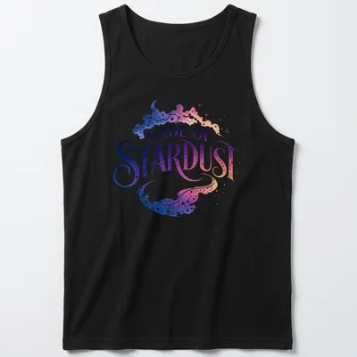 Celestial galaxy design with text 'MADE OF STARDUST' in purple, blue, pink, and white — printed on a tank top