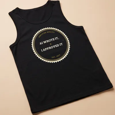 Vintage badge t-shirt with 'AI WROTE IT, I APPROVED IT' text — printed on a tank top