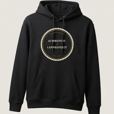 Vintage badge t-shirt with 'AI WROTE IT, I APPROVED IT' text — printed on a unisex hoodie