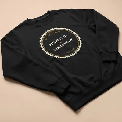 Vintage badge t-shirt with 'AI WROTE IT, I APPROVED IT' text — printed on a unisex sweatshirt
