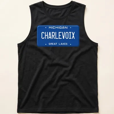Vintage style t-shirt featuring a Michigan license plate design with blue and white colors — printed on a tank top