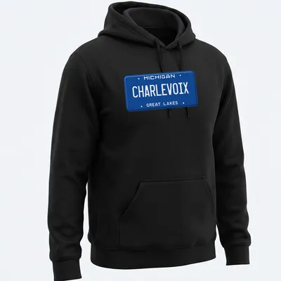 Vintage style t-shirt featuring a Michigan license plate design with blue and white colors — printed on a unisex hoodie