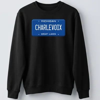 Vintage style t-shirt featuring a Michigan license plate design with blue and white colors — printed on a unisex sweatshirt