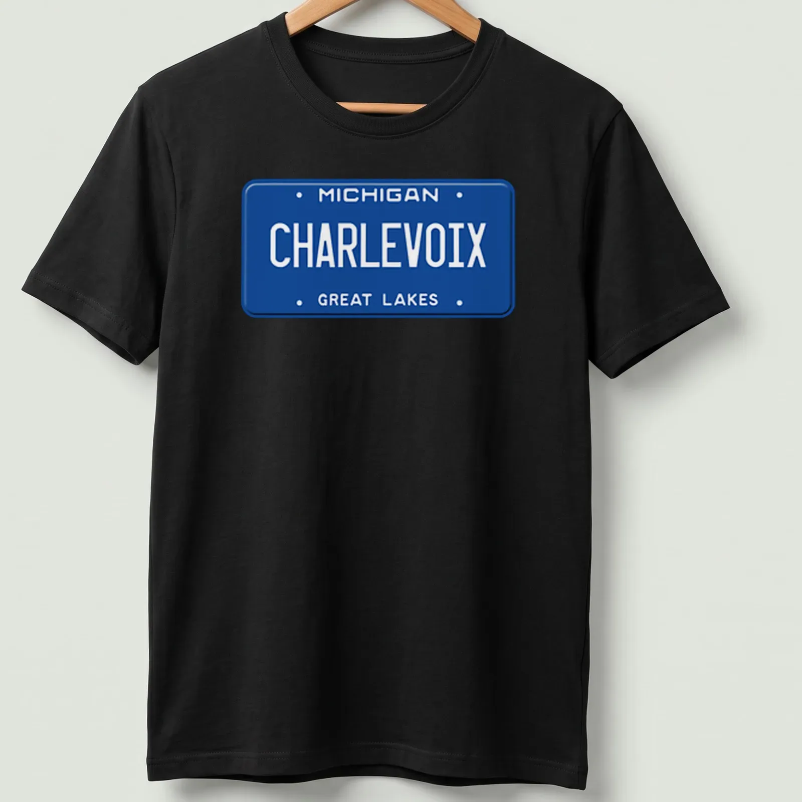 Vintage style t-shirt featuring a Michigan license plate design with blue and white colors — printed on a unisex t-shirt