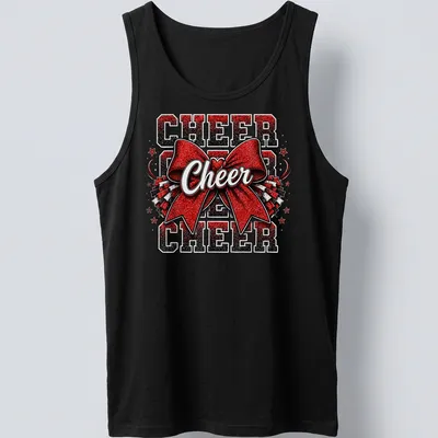 Bold glittery cheerleading shirt with "CHEER CHEER CHEER CHEER" and a cheer bow graphic — printed on a tank top