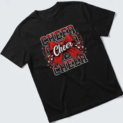 Bold glittery cheerleading shirt with "CHEER CHEER CHEER CHEER" and a cheer bow graphic