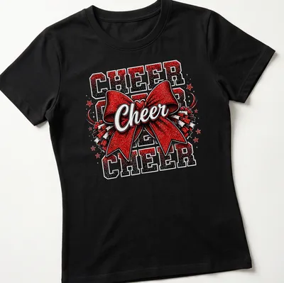 Bold glittery cheerleading shirt with "CHEER CHEER CHEER CHEER" and a cheer bow graphic — printed on a women's shirt