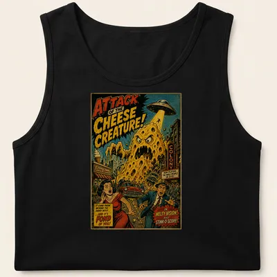Retro comic style t-shirt featuring a humorous cheese creature with colorful text. — printed on a tank top