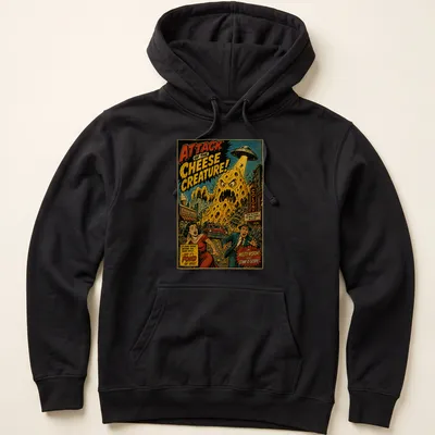 Retro comic style t-shirt featuring a humorous cheese creature with colorful text. — printed on a unisex hoodie