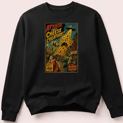 Retro comic style t-shirt featuring a humorous cheese creature with colorful text. — printed on a unisex sweatshirt