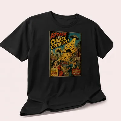 Retro comic style t-shirt featuring a humorous cheese creature with colorful text. — printed on a unisex t-shirt (angled view)