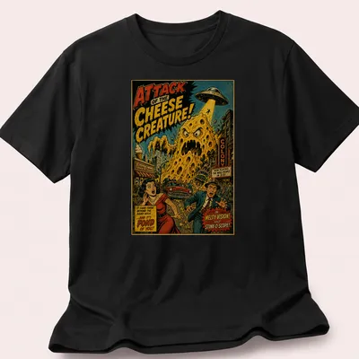 Retro comic style t-shirt featuring a humorous cheese creature with colorful text.