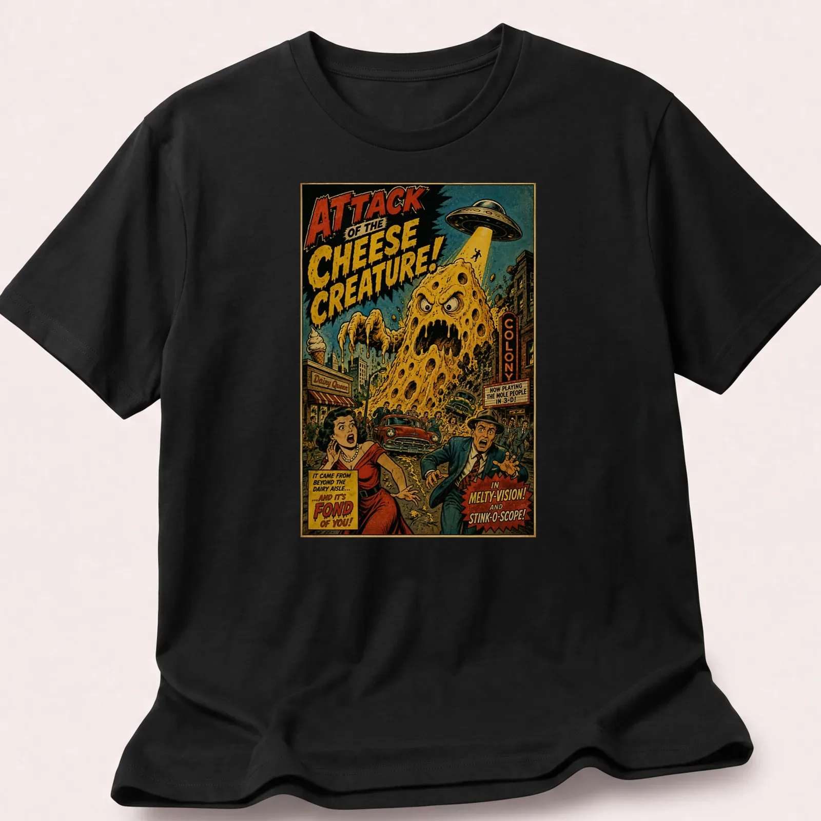 Retro comic style t-shirt featuring a humorous cheese creature with colorful text. — printed on a unisex t-shirt