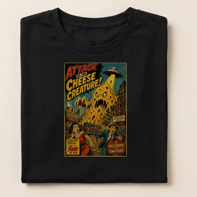 Retro comic style t-shirt featuring a humorous cheese creature with colorful text. — printed on a women's shirt