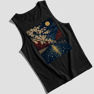 Vintage Japanese Ukiyo-e print of cherry blossoms against a full moon background — printed on a tank top