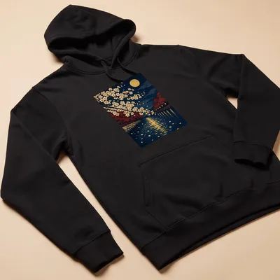 Vintage Japanese Ukiyo-e print of cherry blossoms against a full moon background — printed on a unisex hoodie
