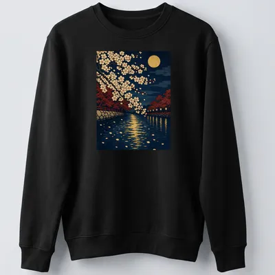 Vintage Japanese Ukiyo-e print of cherry blossoms against a full moon background — printed on a unisex sweatshirt