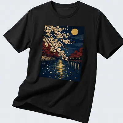 Vintage Japanese Ukiyo-e print of cherry blossoms against a full moon background