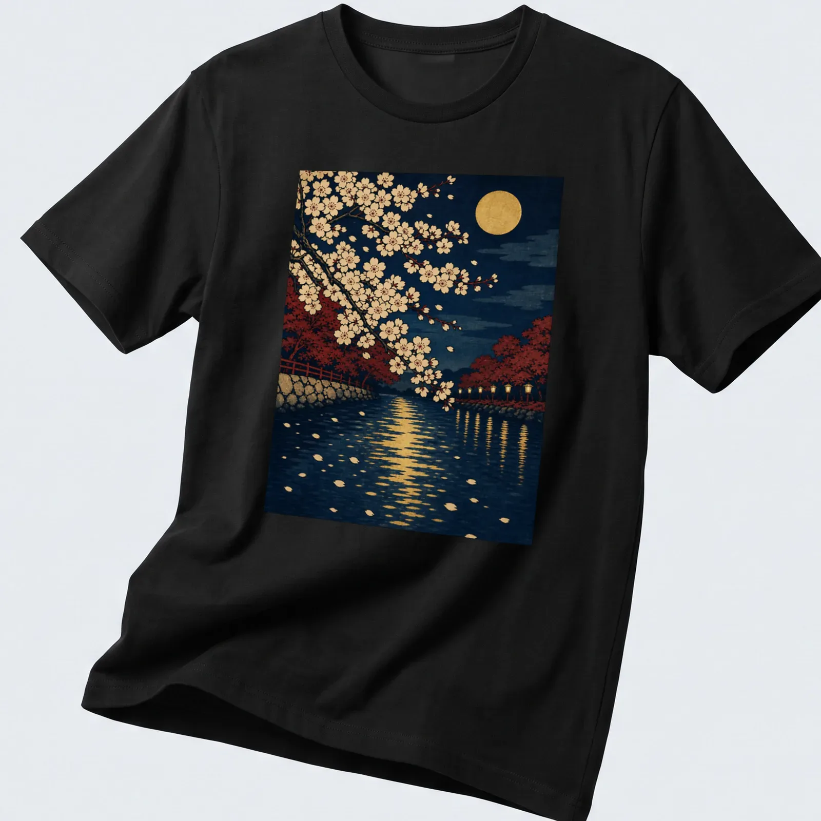 Vintage Japanese Ukiyo-e print of cherry blossoms against a full moon background — printed on a unisex t-shirt