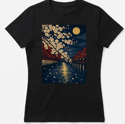 Vintage Japanese Ukiyo-e print of cherry blossoms against a full moon background — printed on a women's shirt