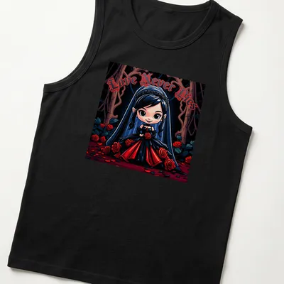 Colorful cartoon Chibi Vampire Bride t-shirt with text 'Love Never Dies' — printed on a tank top
