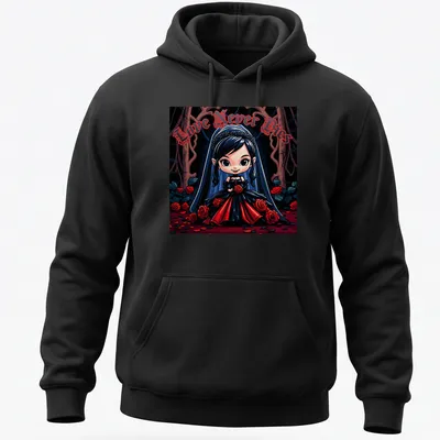 Colorful cartoon Chibi Vampire Bride t-shirt with text 'Love Never Dies' — printed on a unisex hoodie